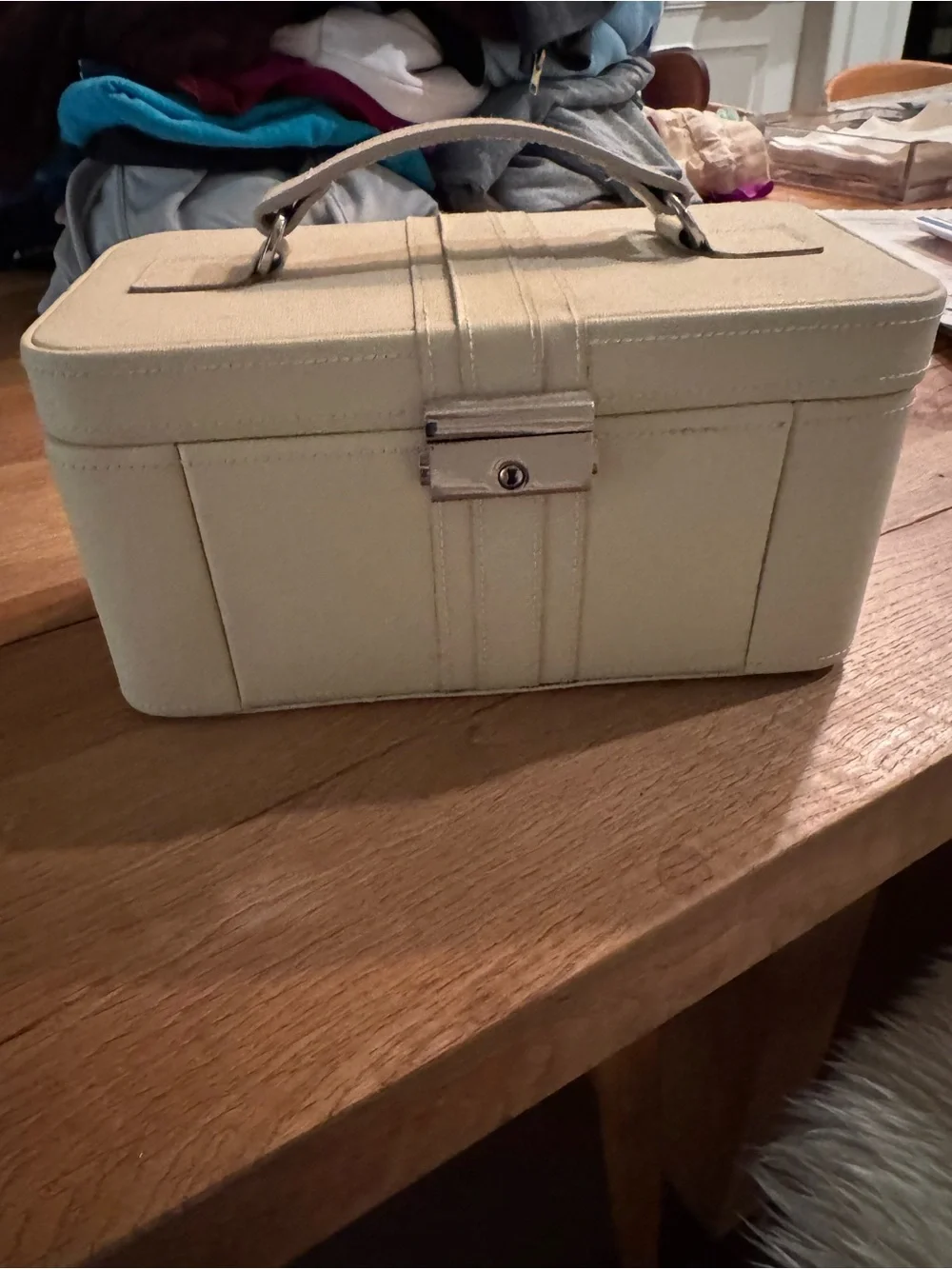 Pottery Barn Cream Leather Jewelry Train Case with Top Handle